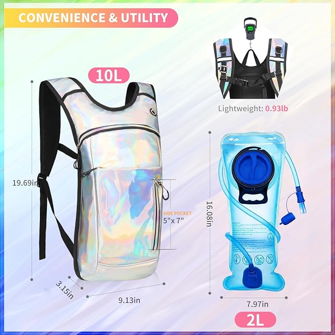 Hydration Backpack, Water Backpack with 2L Hydration Bladder, Rave Backpack Hydration Pack, Festival Essential for Raves, Hiking, Cycling, Climbing, Running, Outdoor, Camping and More