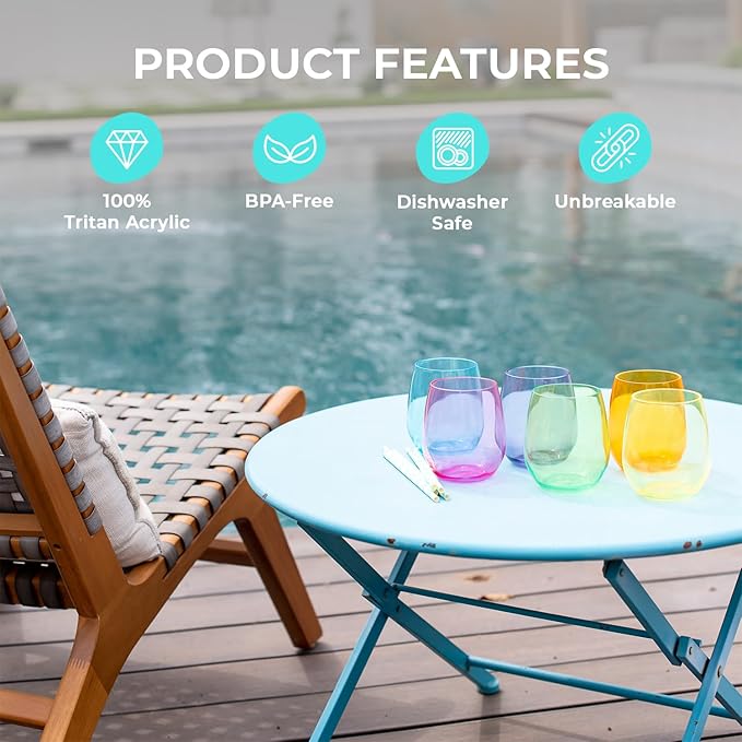 Premium Unbreakable Stemless Wine Glasses – Set of 6 BPA-Free Shatterproof Reusable Plastic Acrylic Wine Glasses | Elegant Crystal-Clear Wine Cups for Outdoor, Wedding, Home Bar Mothers Day Gifts