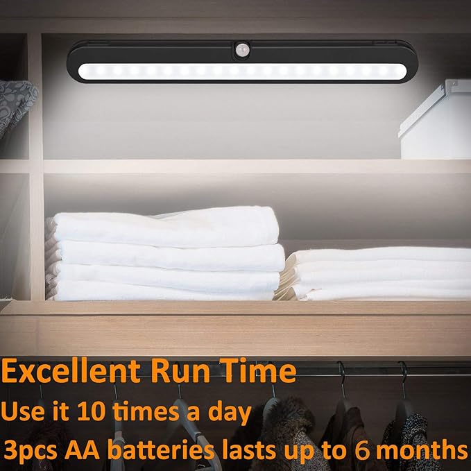 BLS T01LB LED Closet Light Super Bright 20 LED Under Cabinet Lighting Battery Powered/DC Input Wireless Motion Sensing Light, Auto On Off Switch, Motion & Light Sensor, Light Beam Adjustable