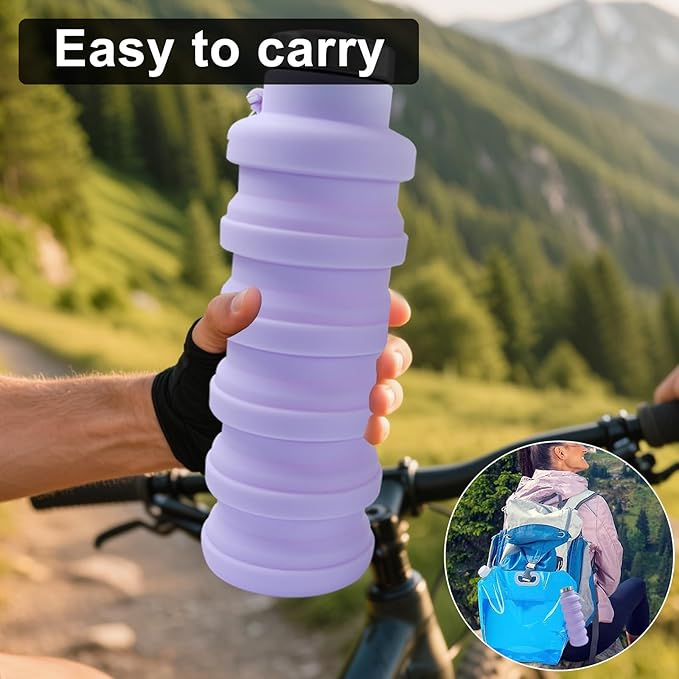 2 Pcs Silicone Collapsible Water Bottle, 17oz(500ml) Portable and Lightweight Travel Water Bottle Silicone Foldable Water Bottles(Black+Purple)