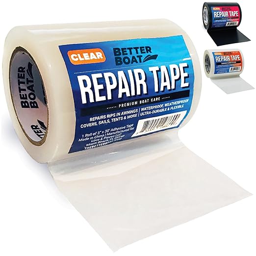 Better Boat Repair Tape for Fabric and Vinyl 30ft x 3in, Clear Waterproof Patch Tape for RV Awning Canvas Tent Tarp Sail Canopy Boat Cover, Heavy Duty