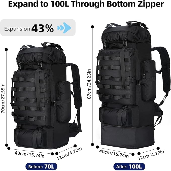 70L/100L Camping Hiking Backpack with Rain Cover, Expandable Large Military Tactical Backpack, Waterproof Molle Racksack Travel Backpacking Daypack for Climbing Trekking (Black)