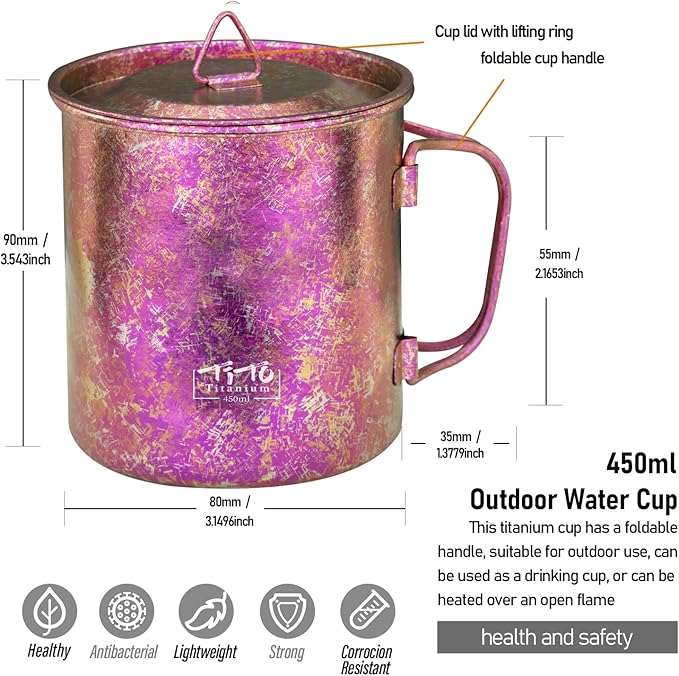TiTo Titanium Cup Titanium Pot with Lid Ultralight Portable 450ml Foldable Handle Camping Tea Coffee Water Mug for Outdoor Backpacking Hiking Picnic Drinkware with Mesh Sack (Rose Red)