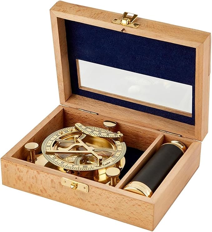 Explorer's Legacy Vintage Brass Compass and Telescope Set - Handheld Navigation Tool in Beachwood and Glass Storage Box