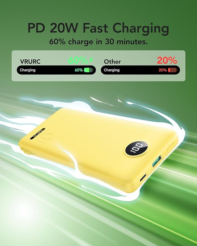 VRURC Portable Charger Power Bank - 10000mAh Fast Charging 22.5W PD 20W Slim Portable Charger Built in Cables Power Bank with Cords,USB C Portable Phone Charger Travel Accessories -Yellow