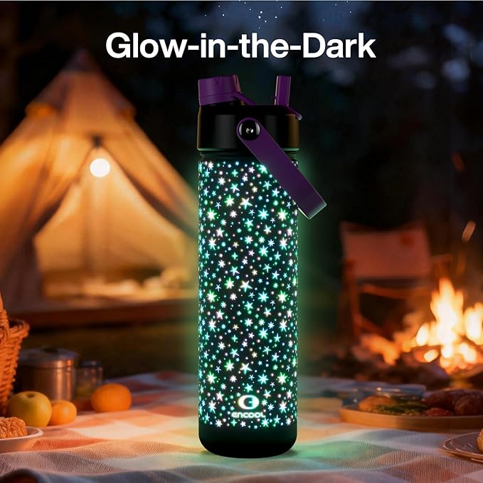 ENCOOL Insulated Water Bottle with Straw Stainless Steel Water Bottle, Glow in the Dark, Leak-Proof, BPA-Free, Keeps Cold for 24 Hours for Sports, Travel, School (26 oz, Neon Starlight)