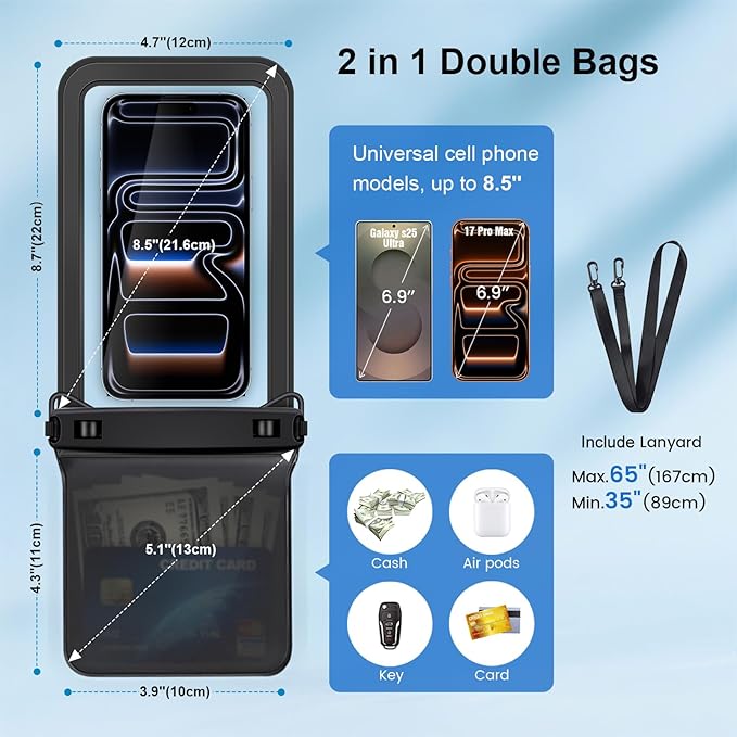 Rynapac IPX8 Waterproof Phone Pouch 2 Pack, [Up to 8.5''] Double Space Waterproof Phone Case with Lanyard for iPhone 17 16 15 14 Pro Max, Cellphone Dry Bag for Beach Vacation Cruise Essentials