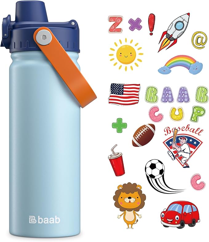 baab 18oz Kids Water Bottle, Insulated Kids Water Bottle with Lockable Spout Lid & Stickers, 18/8 Stainless Steel Vacuum Leakproof Kid Water Cup with Handle for Boy & School (Light Blue+Navy Blue)