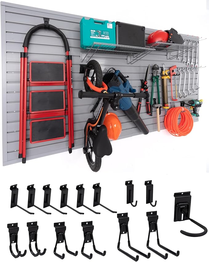 FRAYSCENT Slat Wall Paneling Garage Slat Wall Storage Systems Slatwall Panels Power Tool Organizer Wall Mount, PVC Garage Storage & Organization Products Slate Board (Grey, 4ft x 8ft with 15 Hooks)