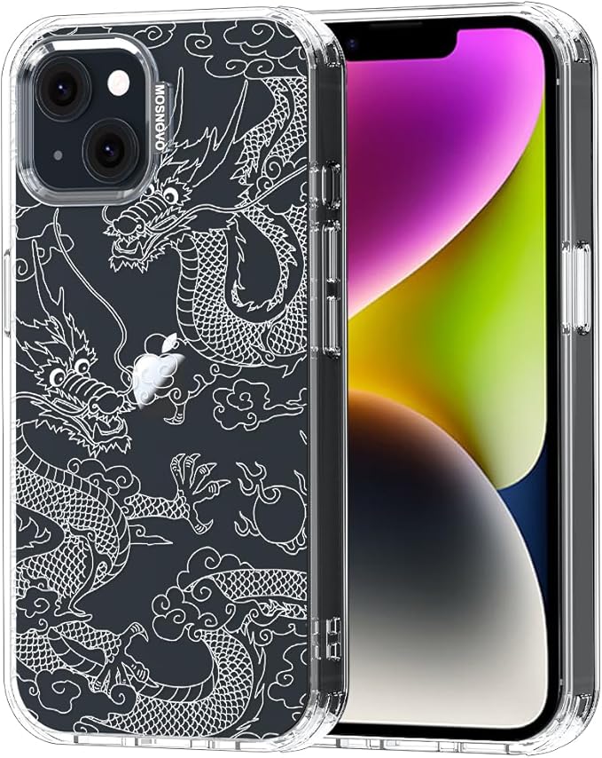 MOSNOVO for iPhone 13/14 Case | Military Grade 6.6ft Drop Tested | Clear with White Dragon Design