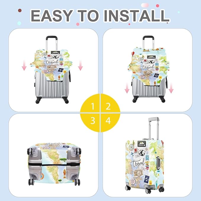 ANNA QUEEN Travel Collage Luggage Cover, World Map & Sticker Style Suitcase Protector for 24-26 Inch Travel Bags