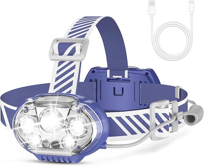 MIOISY Rechargeable Headlamp, High Lumen Bright 5 LED Head Lamp with Red White Light,IPX4 Waterproof Headlight,8 Mode Head Flashlight for Outdoor Running Hunting Fishing Hiking Camping Gear-Blue