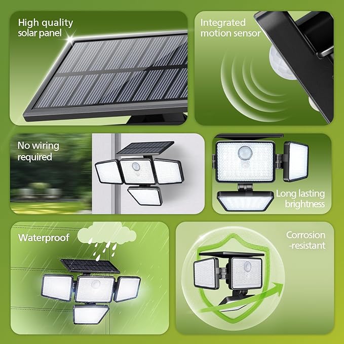Philips Solar Security Light Outdoor, 196 LED Wall-Mounted Flood Light w/PIR Motion Sensor, 3 Modes, 4 Adjustable Heads Solar-Powered Floodlights with Remote Control, IP65 Waterproof 4PK