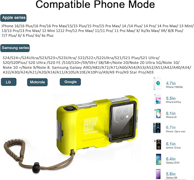 2026 Underwater Snorkeling Diving Phone Case for Phone 17/16/15/14/13/12Pro Max/Galaxy S25/S24/S23.(50ft/15m) Professional Scuba Dive Waterproof Case Underwater Photo Video（Yellow）