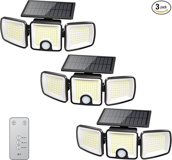 Brightown 3 Pack Solar Outdoor Lights with Motion Sensor, 223 LED 3 Head 270° Wide Angle Street Area Security Lights with Remote, IP65 Waterproof Flood Wall Lights with 3 Modes for Yard Outside