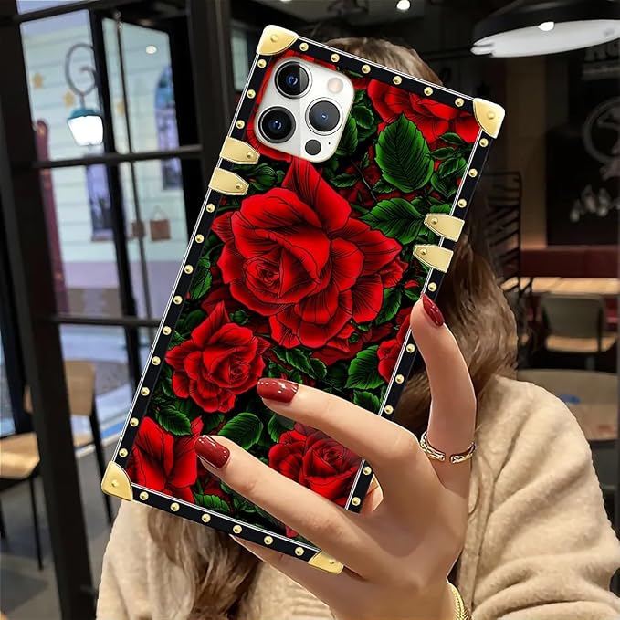 Compatible with iPhone 12 12 Pro Case, Vector Red Rose Green Leaf Luxury Golden Decoration for Girl Women Soft TPU Shockproof Protective Hard PC Back for iPhone 12 12 Pro