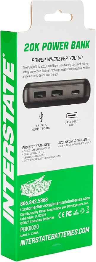 Interstate Batteries Portable Charger, 20,000mAH Power Bank, 20K Battery Pack with 2-Port, 5V, 20Ah High-Speed Charging for Cell Phones, Tablets, Electronics, Emergencies (LED, USB Input and Output)