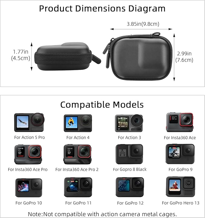 Carrying Case for DJI Osmo Action 5 Pro/6/4/3, Small Storage Bag for GoPro, PU Hard Travel Protector Case for Insta360 Ace/Ace Pro/2 with Wrist Strap & Carabiner Protective Accessories(Black)