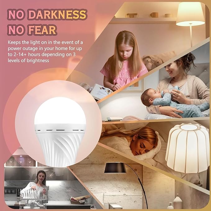 Emergency Rechargeable Light Bulbs, Battery Powered LED Light Bulb Daylight E26 12W 60W Equivalent with 1500mAh for Home Power Outage Camping Hiking(6 Bulbs,3 Plug Caps, 3 Hooks,3 socket adapter)