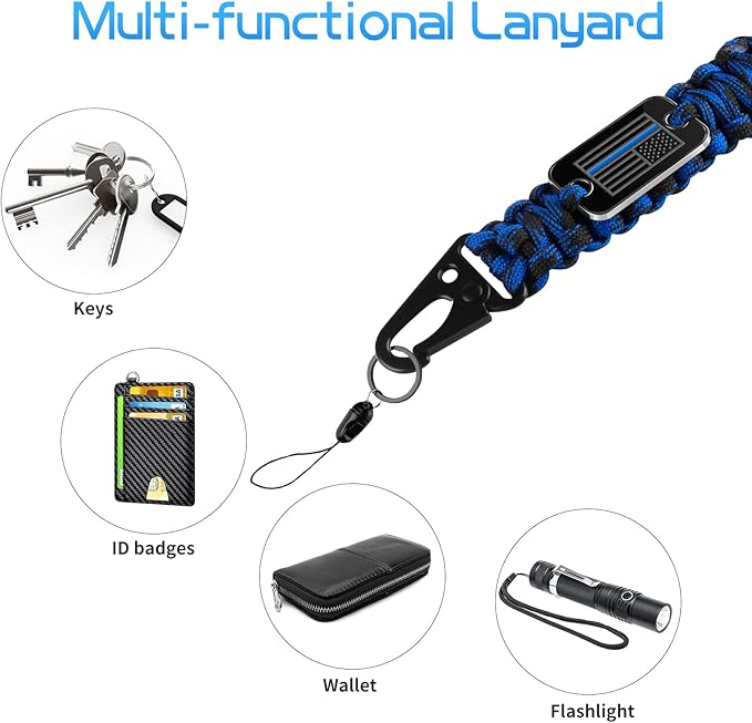 Thin Blue Line Paracord Keychain Neck Lanyard for Keys with Cool USA Flag Men Women, Long Heavy Duty Braided Keychain Lanyard for Wallets, Keys, Whistle，Camera, Phone, Outdoor Activities