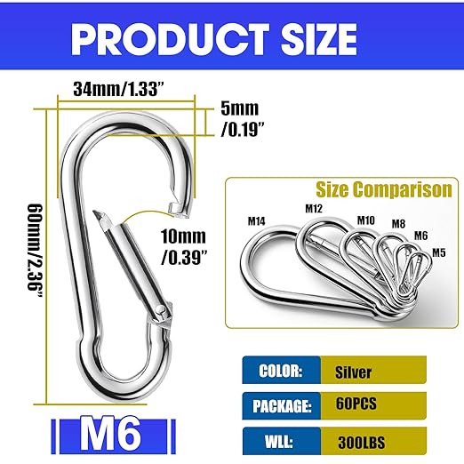 60Pack M6 Spring Snap Hooks Carabiner, 1/4" Heavy Duty Carabiner Clips Chain Quick Links Spring Safety Hook Connector for Dog Leash Backpack Hiking Fishing Bag Outdoor Travel