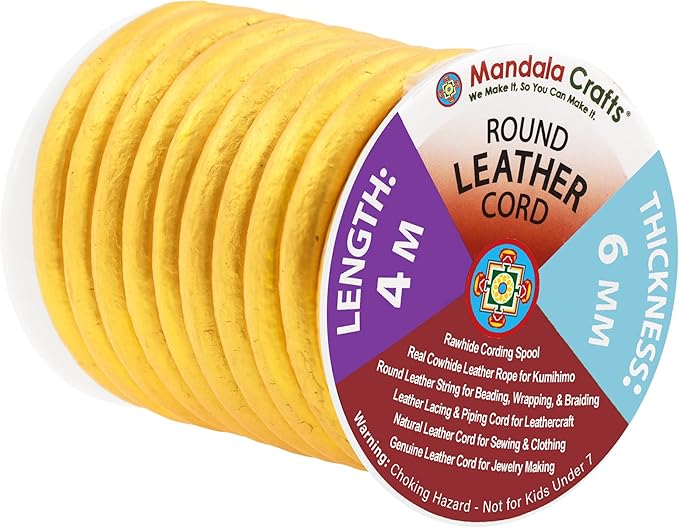 Mandala Crafts Round Genuine Gold Leather Cord for Jewelry Making – 6mm Cowhide Leather Rope String Lace for Kumihimo – 4.4 Yards Cowhide Craft Cording Spool
