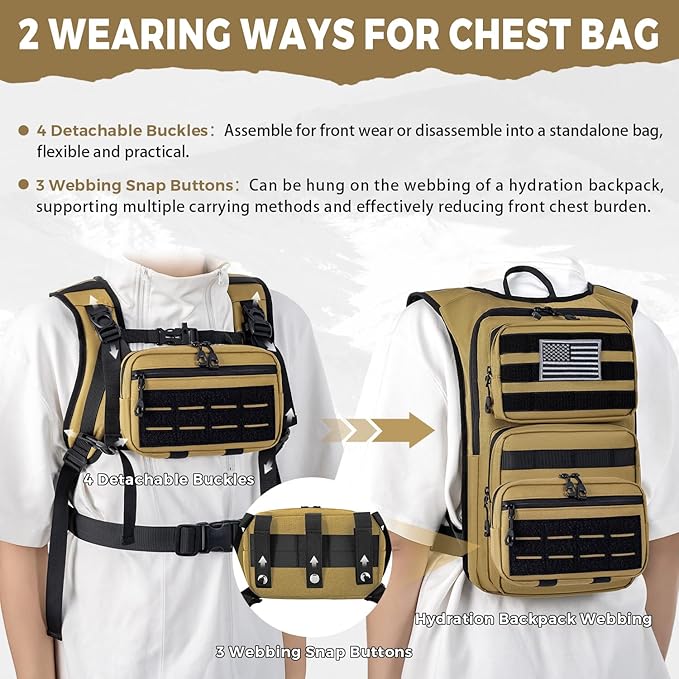 Koculemi Tactical Hydration Backpack with 2L Water Bladder and Front Small Tactical Pouch, Outdoor Water Backpack for Men Women, Sports Hydration Pack for Hiking, Cycling, Climbing