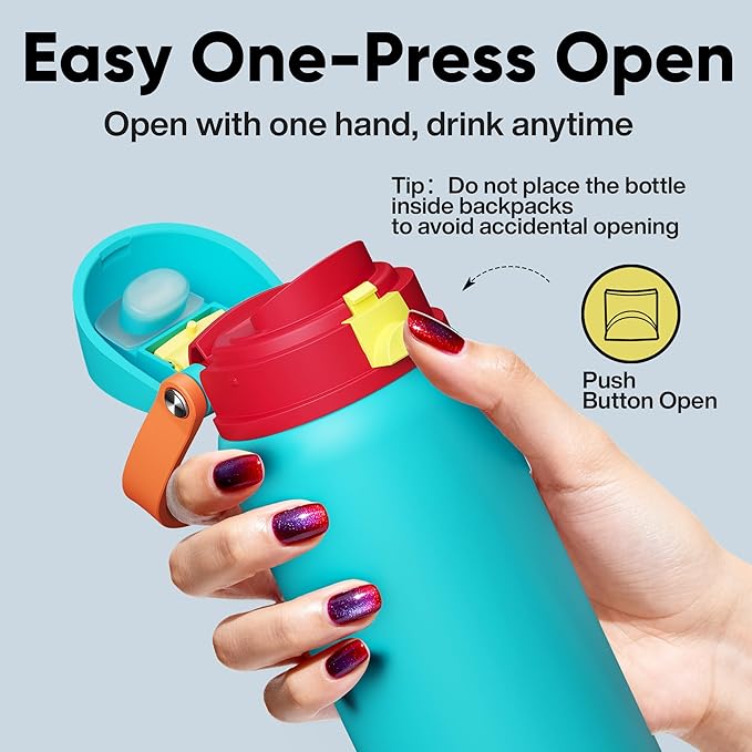Insulated Water Bottle with Straw - Encool Stainless Steel Water Bottle with Push Button Lid, Leak-Proof & BPA-Free, Keeps Cold for 24 Hours for Sports, Travel, Gym (32 oz, Cerulean Blue)