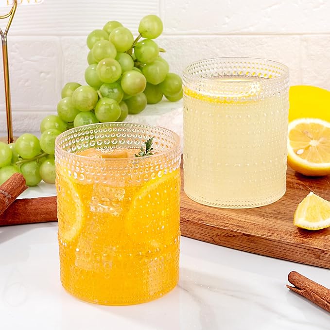 18PCS Plastic Hobnail Drinking Glasses - 14 Oz Clear Vintage Glasses Mixed Drinkware Sets - Disposable Beaded Cups for Beer, Whiskey, Juice, Cocktail, Wine, Party