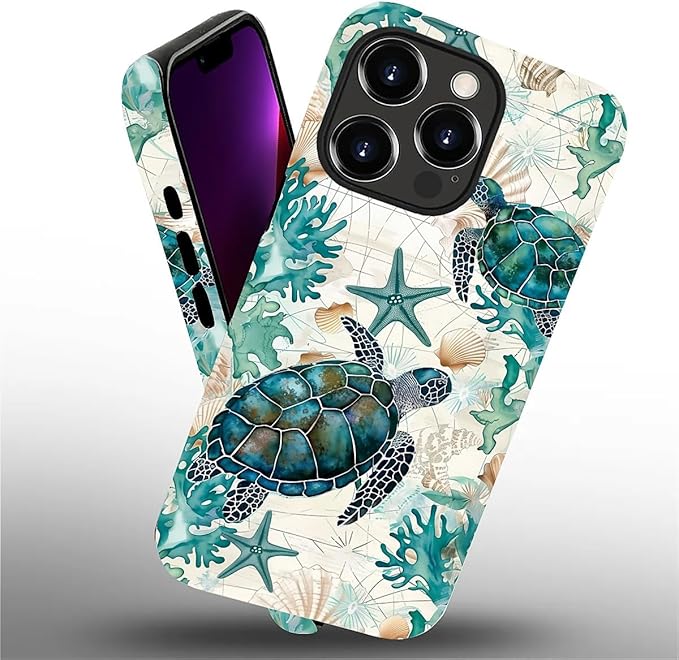 for iPhone 13 Pro Case,HH2 Ocean Sea Turtle Nautical Map Hybrid 2 Layer Hard Shell Silicone Protective Pattern Design Case