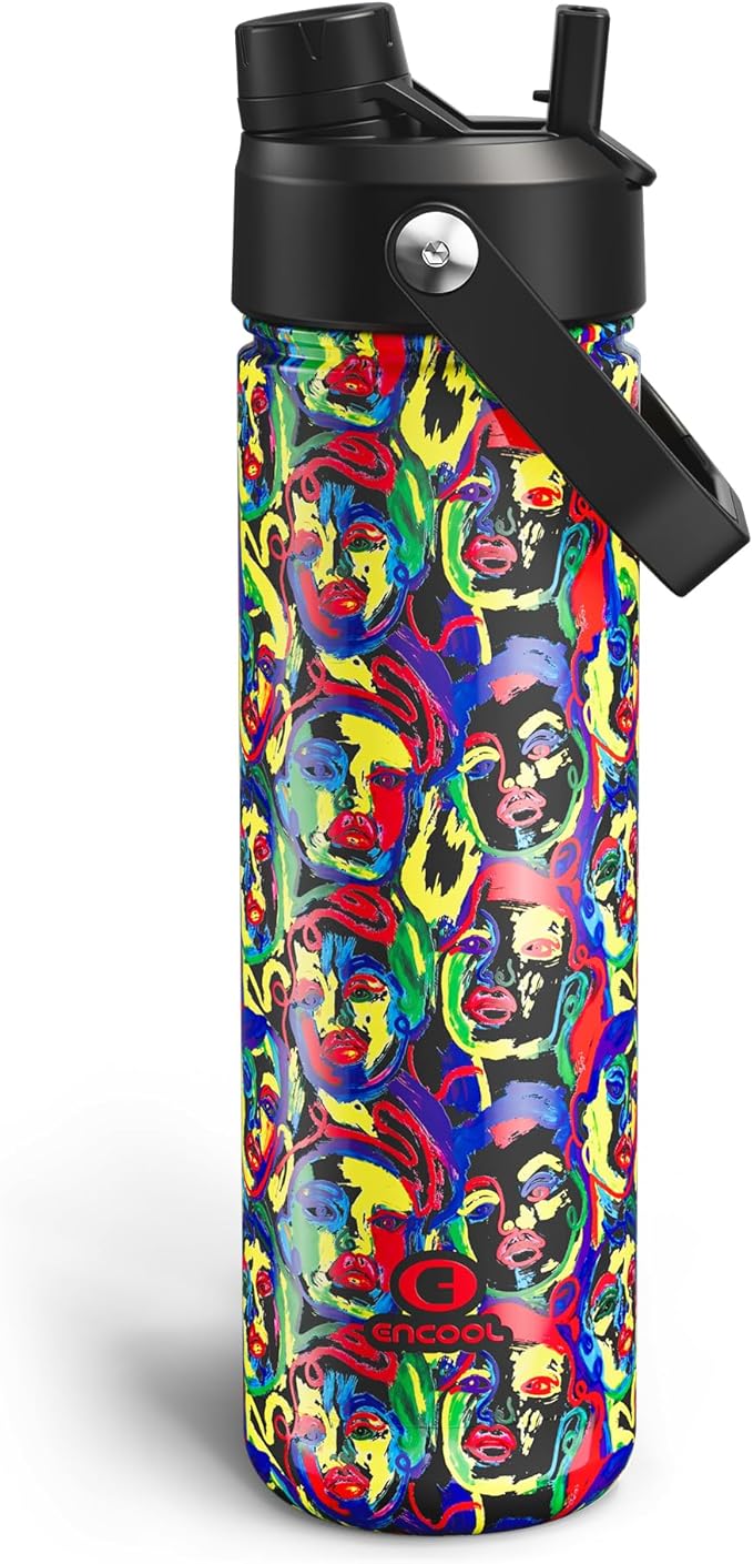 ENCOOL Insulated Water Bottle with Straw Stainless Steel Water Bottle, Leak-Proof, BPA-Free, Double Wall Vacuum Keeps Cold for 24 Hours for Sports, Travel, School (26 oz, Mood Faces)