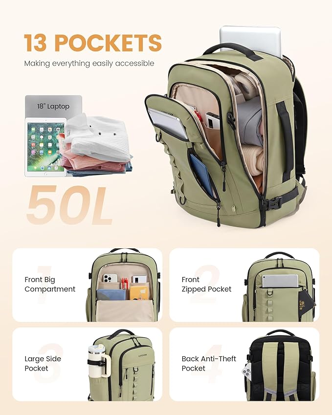 LOVEVOOK 50L Travel Backpack for Men Women, Waterproof Carry On Backpack for Work & Travel, Flight Approved Personal Item with 3 Packing Cubes, TSA Bag Fits 17.3" Laptop,Greyish green