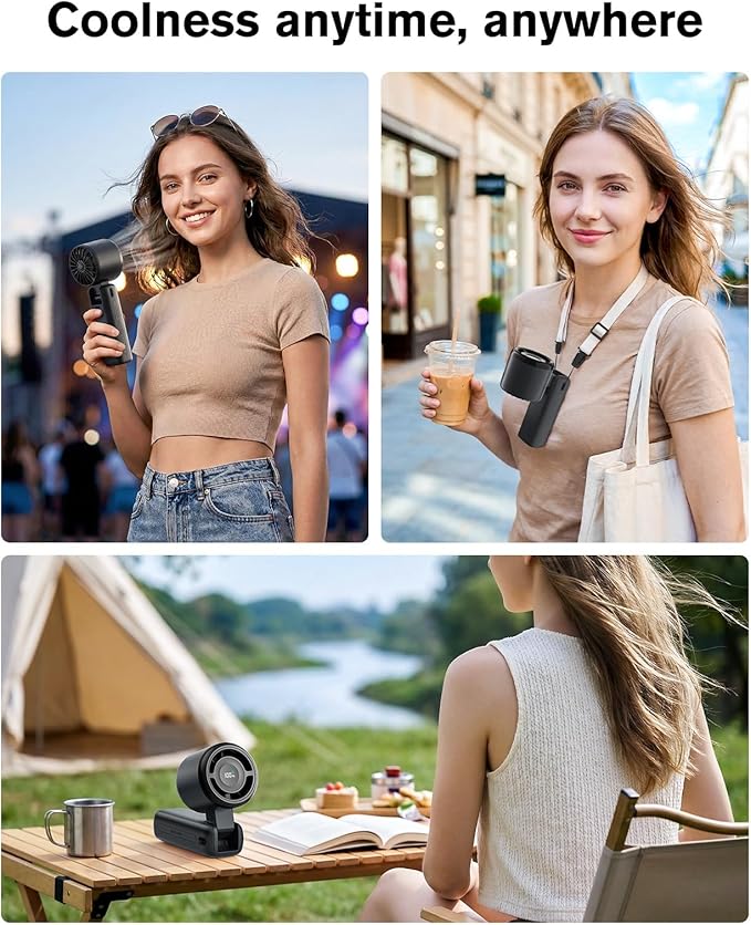 WHATOOK Portable Personal Handheld Fan: High Speed Cooling Fan, 12 Hours Battery Life, USB Rechargeable, Small Essentials for Women Cruise Travel, Beach Vacation (Black)
