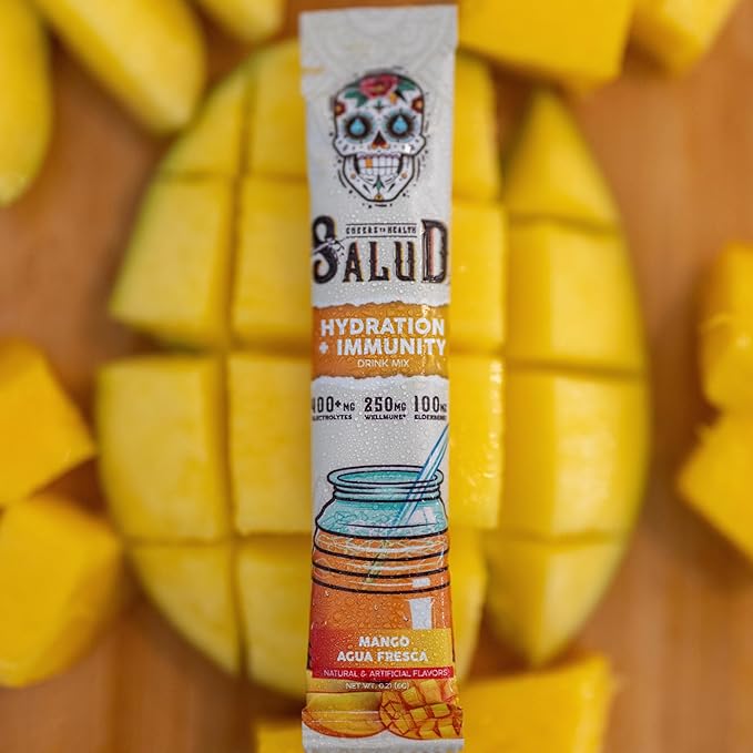 Salud 2-in-1 Hydration Packets + Immunity Electrolytes Powder, Mango - Agua Fresca Drink Mix, Elderberry, Dairy & Soy Free, Non-GMO, Gluten Free, Vegan, Low Calorie, 1g Sugar (15 Servings)