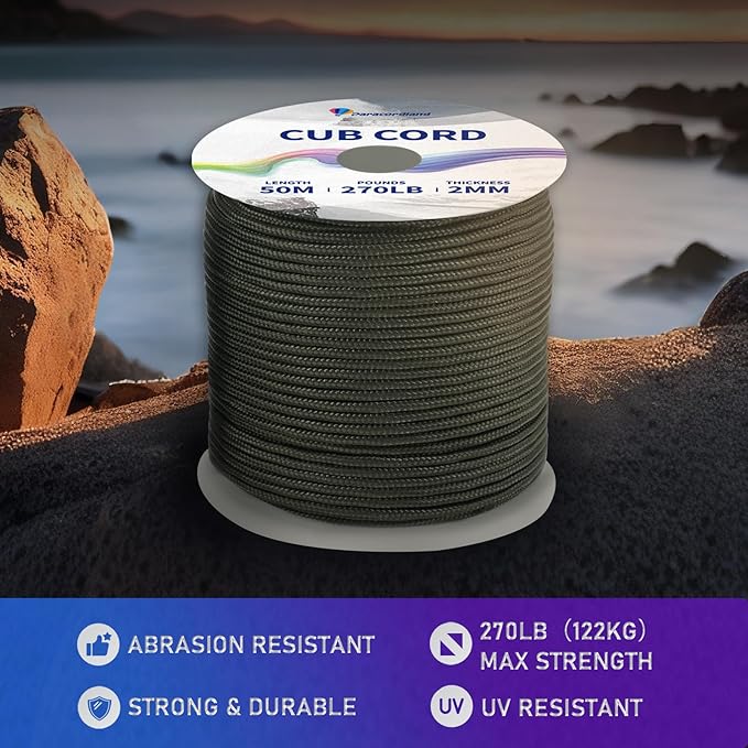 Paracordland-270LB Paracord Rope-50ft-Micro 2mm-Utility Cord Thin Braided Best for Military & Camping Survivl Bracelet DIY Projects Fishing Lanyards-Army Green