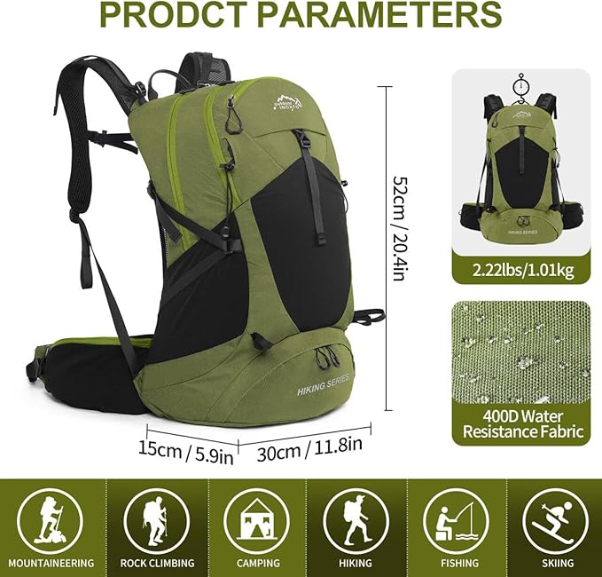 IX INOXTO Hiking Backpack, 26L/40L Waterproof Hiking Daypack with 3L Water Bladder and Rain Cover, Lightweight Travel Camping Backpack for Men Women (Dark Green)
