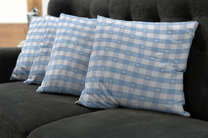 Ambesonne Checkered Decorative Throw Pillow Case Pack of 4, Gingham Motif with Little Hearts Pastel Blue Shower Theme, Cushion Cover for Couch Living Room Car, 16", Pale Blue White