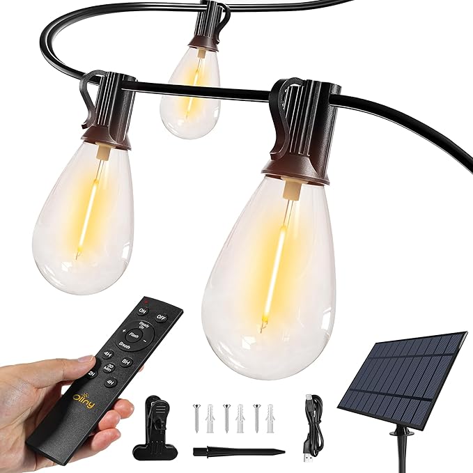 Ollny S11 30FT Solar String Lights Outdoor with Remote, Waterproof Dimmable Patio Lights with Timer & 3 Lighting Modes, 10 Shatterproof Edison Bulbs, String Lights for Outside Backyard Party Décor