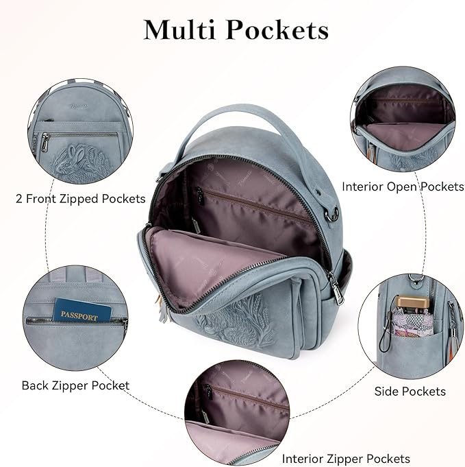 Mini Backpack Purse for Women,Embossed Leather Small Backpack Fashion Travel Backpacks Daypacks Shoulder Handbag(BLUE-Rabbit)