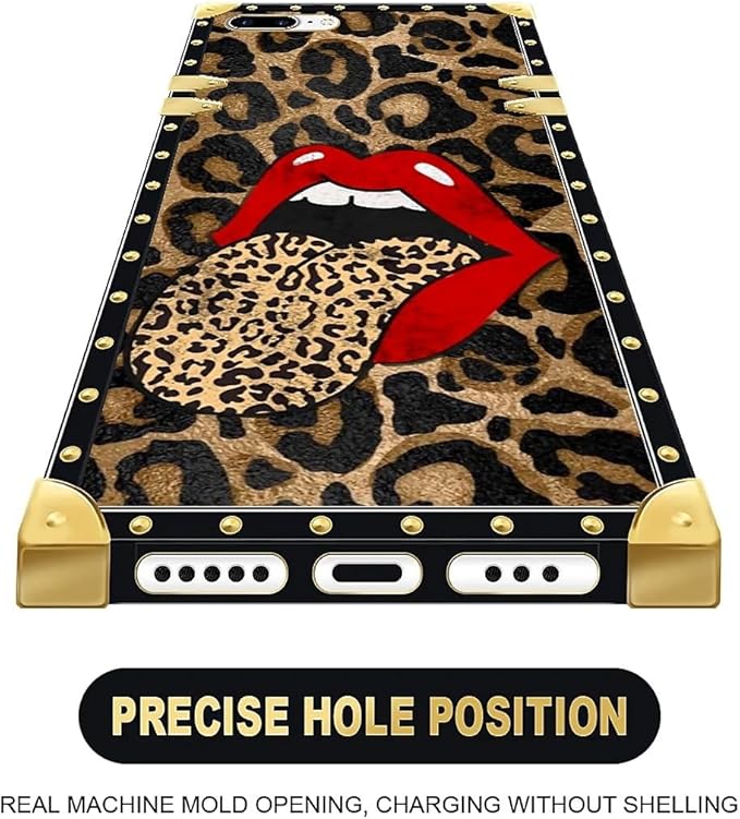 Compatible with iPhone 8 7 SE Case, Brown Leopard Print Mouth Luxury Golden Decoration for Girl Women Soft TPU Shockproof Protective Hard PC Back for iPhone 8 7 SE