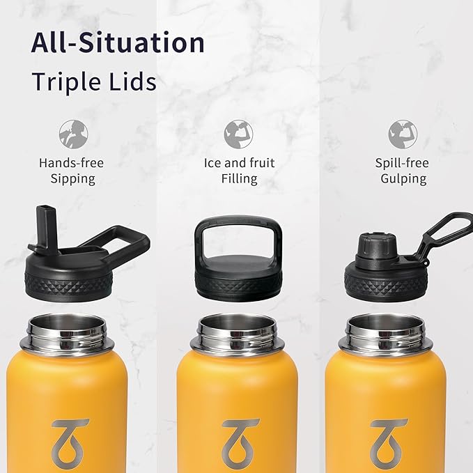 Trebo 32oz Water Bottle Insulated with Lid and Straw,Triple Wall Vacuum Stainless Steel Metal Tumbler Sports Flask with Paracord Handle, Keep Hot 24 Hours & Cold 48 Hours Water Cup with 3 Lids, Orange