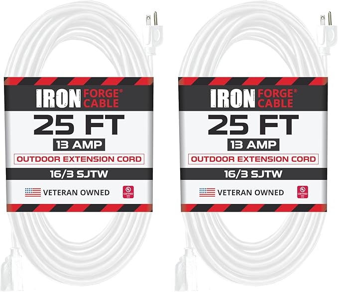 Iron Forge Cable 2 Pack Weatherproof 25 Ft Outdoor Extension Cord - 16/3 SJTW Heavy Duty White Extension Cord 3 Prong - 13 Amp Exterior Power Cable