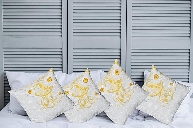 Ambesonne Daffodil Throw Pillow Cushion Case Pack of 4, Daffodils on Ornate Background Floral Repeating Swirling Curves Spring Pattern, Modern Accent Double-Sided Digital Printing, 18", Grey Yellow