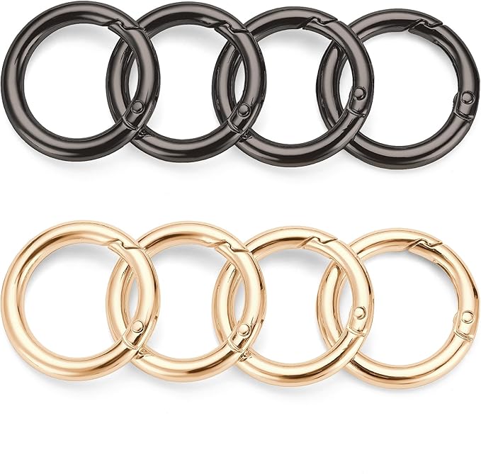 Gkeygo Key Ring Clip, 1 Inch Keychain Rings, 8 Pack Round Carabiner Clip for Keys, Buckle, Bags, Purses - Key Chain Hooks Replacement Keychains Lanyard DIY Crafts - Black, Gold