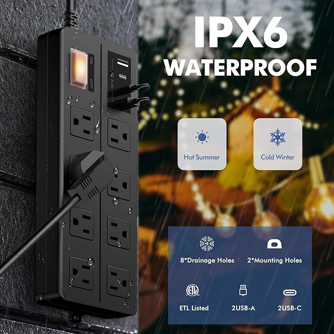 15FT Outdoor Waterproof Power Strip Surge Protector with 8AC Outlets 4USB Ports Power Switch Safety Lock, ETL Certified for Patio Garden Charging