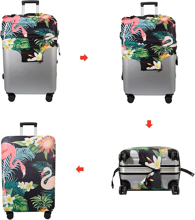 WUJIAONIAO Travel Luggage Cover Baggage Suitcase Cover Protector Skins 18-32 Inch (Flower flamingo, L (for 25-28 inch luggage))