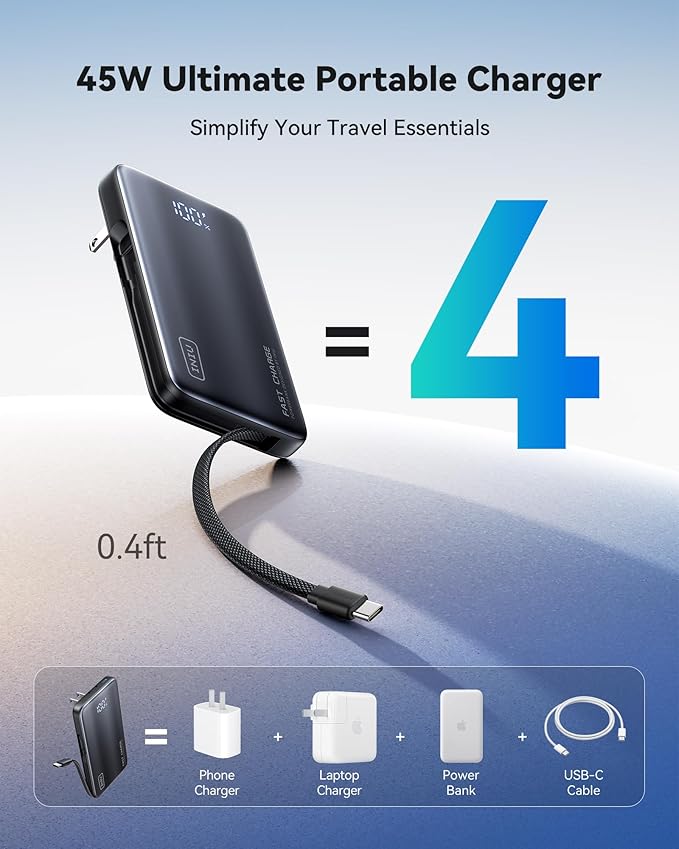 INIU 3-in-1 Portable Charger, 45W 10000mAh Fast Charging Power Bank, Built-in USB C Cable & Foldable Wall Plug, Travel Essentials, Battery Pack for iPhone 17 16 15 Series, Samsung, MacBook, Champagne