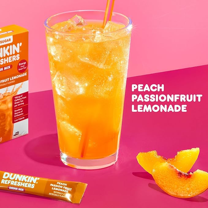 Dunkin’ Zero Sugar Refreshers Singles To Go! Powdered drink mix packets, Peach Passionfruit Lemonade,10 packets per box Energy from Green Tea, aspartame-free, no synthetic colors, naturally and artificially flavored, just add water