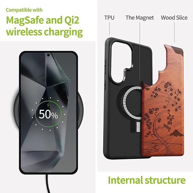 Carveit Magnetic Wooden Case for Samsung Galaxy S26 Ultra Case 2026, TPU Shockproof Cover & Wood Artisan Engraved, Compatible with MagSafe Wireless Chargers (Cherry Blossom with Mount Fuji) Rosy