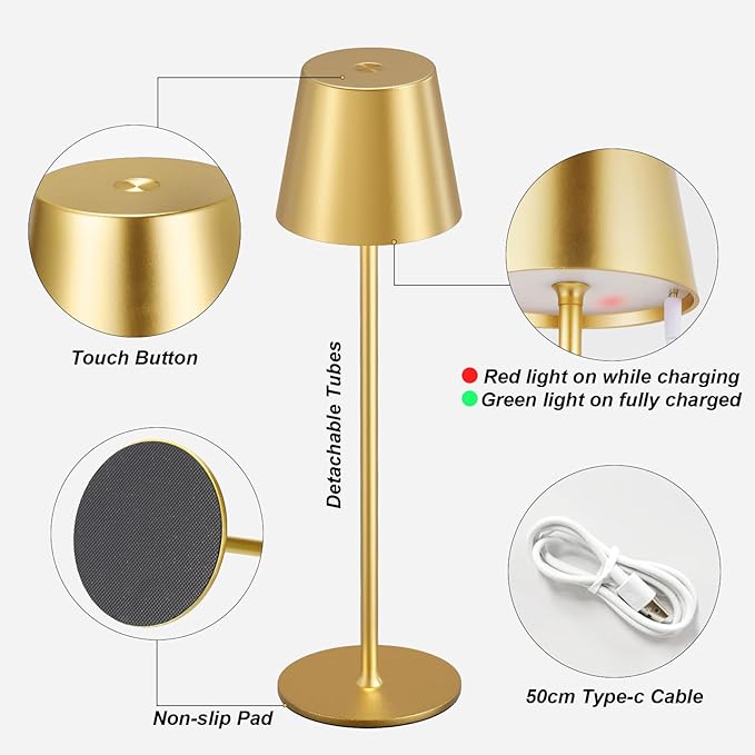 Kakanuo Cordless Table Lamp Rechargeable Gold - KK 2 Pack 5000mAH Battery Operated Lamp for Dining Table, 3 Color Stepless Dimming Wireless Lamp for Counter, Outdoor Patio, Touch Control